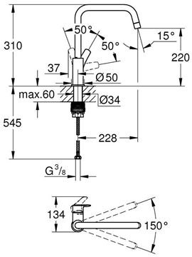GROHE EUROSMART dřezová baterie, chrom 30567000 Technický nákres