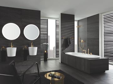 GROHE ESSENCE NEW baterie na okraj vany, 4-otvorová, s přepínačem, se sprchovou soupravou, kartáčovaný cool sunrise 25251GN1 Obrázek - fotka
