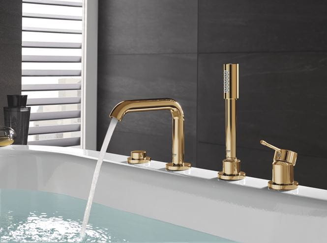 GROHE ESSENCE NEW baterie na okraj vany, 4-otvorová, s přepínačem, se sprchovou soupravou, cool sunrise 25251GL1 Obrázek - fotka