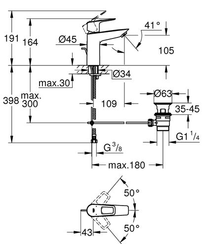 GROHE BAULOOP umyvadlová stojánková baterie, s odtokovou soupravou, chrom 23885001 Technický nákres