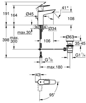 GROHE BAULOOP umyvadlová stojánková baterie, s odtokovou soupravou, SilkMove ES, chrom 23887001 Technický nákres