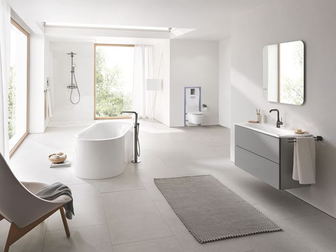 GROHE ESSENCE NEW vanová baterie na podlahu, s přepínačem, se sprchovou soupravou, hard graphite 25248A01 Obrázek - fotka