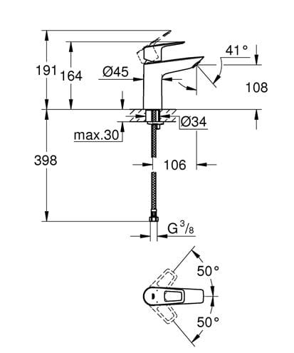 GROHE BAULOOP umyvadlová stojánková baterie, chrom 23917001 Technický nákres