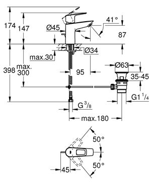 GROHE BAULOOP umyvadlová stojánková baterie, s odtokovou soupravou, chrom 23877001 Technický nákres