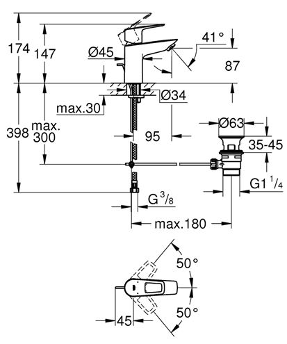 GROHE BAULOOP umyvadlová stojánková baterie, s odtokovou soupravou, chrom 23877001 Technický nákres