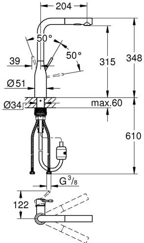 GROHE ESSENCE NEW dřezová baterie, s vytahovací sprškou, hard graphite 30504A00 Technický nákres