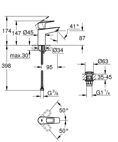 GROHE BAULOOP umyvadlová stojánková baterie, s odtokovou soupravou, chrom 23879001 Technický nákres