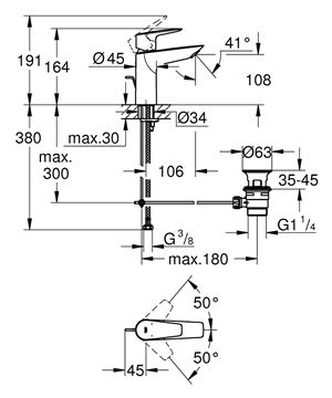 GROHE BAUEDGE umyvadlová stojánková baterie, s odtokovou soupravou, chrom 23758001 Technický nákres