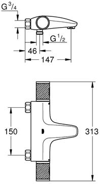 GROHE GROHTHERM 1000 PERFORMANCE vanová nástěnná termostatická baterie, s přepínačem, chrom 34831000 Technický nákres