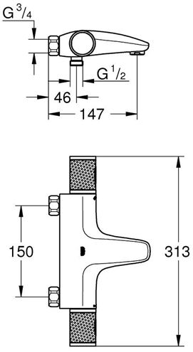 GROHE GROHTHERM 1000 PERFORMANCE vanová nástěnná termostatická baterie, s přepínačem, chrom 34831000 Technický nákres