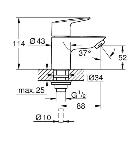 GROHE BAUEDGE umyvadlová stojánková baterie pro jednu vodu, chrom 20421001 Technický nákres