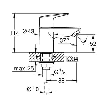 GROHE BAUEDGE umyvadlová stojánková baterie pro jednu vodu, chrom 20421001 Technický nákres