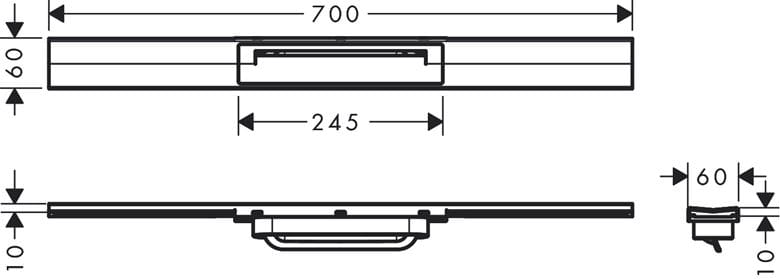 HANSGROHE 700 RAINDRAIN FLEX vrchní sada sprchového žlabu, zkracovatelný, pro instalaci volně na plochu, kartáčovaná nerez ocel 56043800 Technický nákres