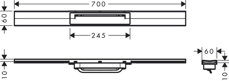 HANSGROHE 700 RAINDRAIN FLEX vrchní sada sprchového žlabu, zkracovatelný, pro instalaci volně na plochu, matná černá 56043670 Technický nákres