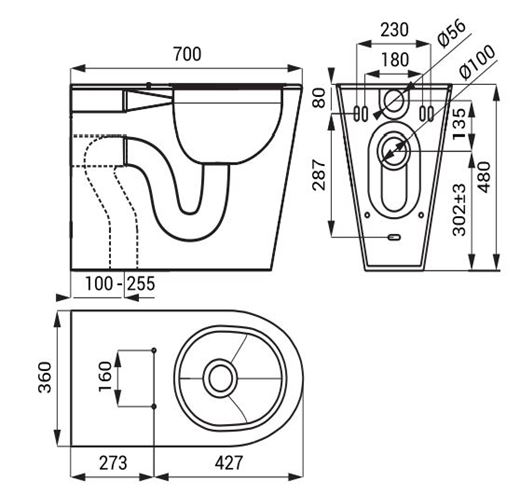 SANELA bezbariérové stacionární WC, zadní a spodní odpad, nerez SLWN 13 Technický nákres