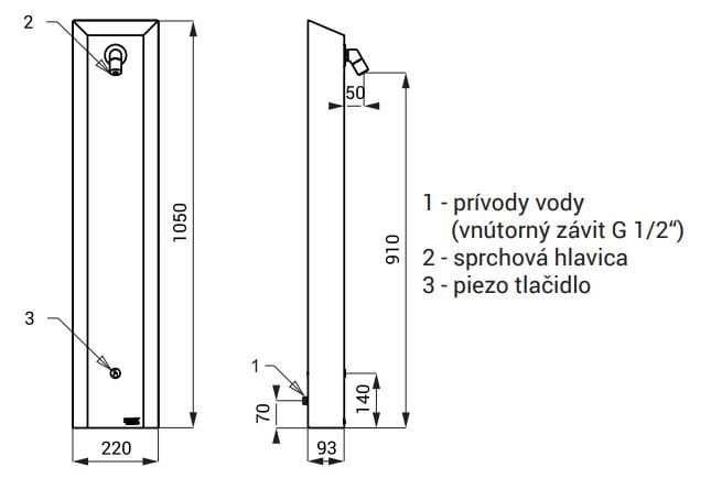 SANELA sprchový panel, bateriové napájení, nerez SLSN 01PB Technický nákres
