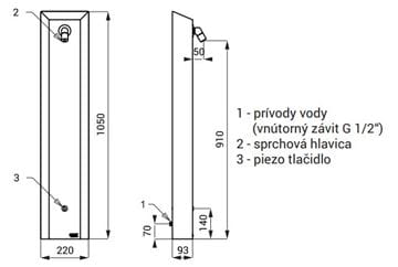 SANELA sprchový panel, bateriové napájení, nerez SLSN 01PB Technický nákres