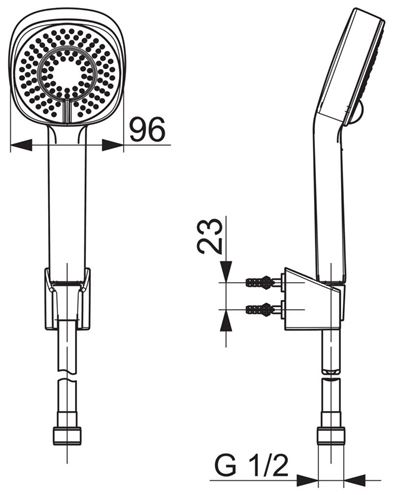 HANSA BASICJET STYLE sprchová souprava 3-dílná, ruční sprcha 96x96 mm, 3 proudy, hadice, držák, Eco, chrom 44600133 Technický nákres