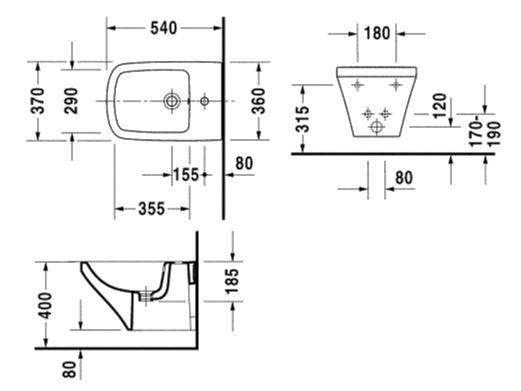 DURAVIT DURASTYLE závěsný bidet 2282150000 Technický nákres