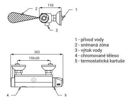 SANELA sprchová nástěnná senzorová termostatická baterie, napájení z baterie, chrom SLS 03SB Technický nákres