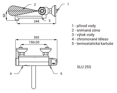 SANELA umyvadlová termostatická senzorová baterie, napájení ze sítě, chrom SLU 25S Technický nákres