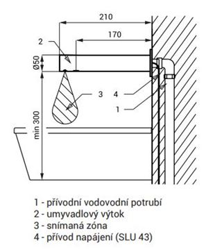 SANELA umyvadlová senzorová baterie pro jednu vodu, napájení z baterie, nerez SLU 43B Technický nákres