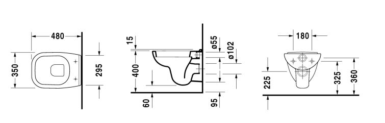 DURAVIT D-CODE závěsné WC 22110900002 Technický nákres