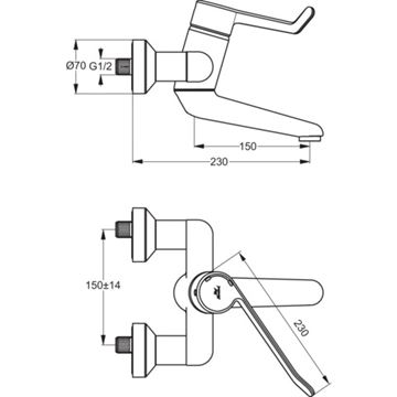 IDEAL STANDARD CERAPLUS umyvadlová nástěnná baterie, chrom B8223AA Technický nákres