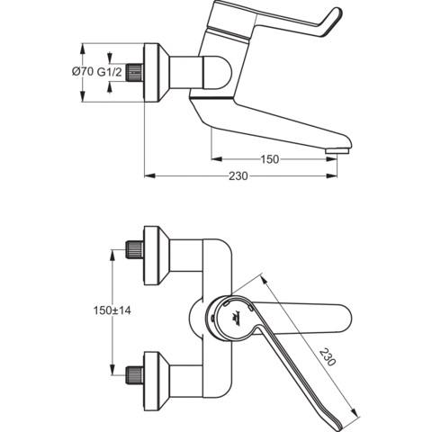 IDEAL STANDARD CERAPLUS umyvadlová nástěnná baterie, chrom B8223AA Technický nákres