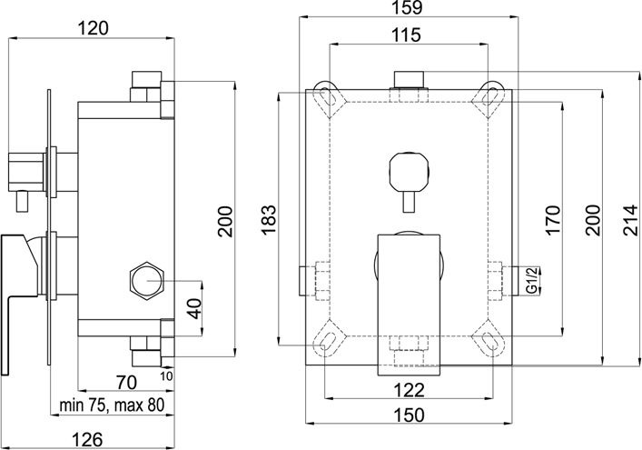 NOVASERVIS NOBLESS EDGE podomítková baterie, pro 2 spotřebiče, s tělesem, chrom BOX36051R,0 Technický nákres