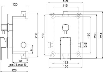 NOVASERVIS NOBLESS EDGE podomítková baterie, pro 2 spotřebiče, s tělesem, chrom BOX36051R,0 Technický nákres