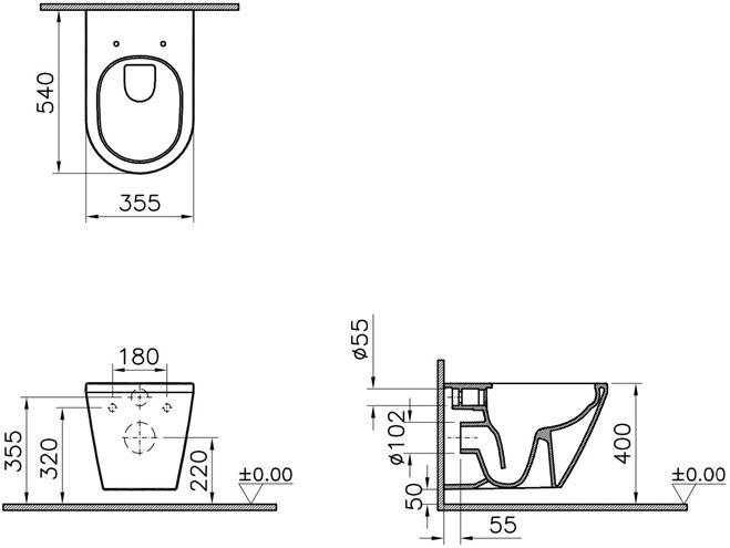VITRA INTEGRA závěsné WC, Rim-ex splachování, VitrAhygiene 7062B003-0075 Technický nákres