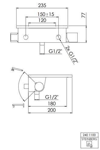 STEINBERG 240 vanová nástěnná baterie, s přepínačem, chrom 240 1100 Technický nákres