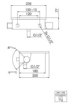 STEINBERG 240 vanová nástěnná baterie, s přepínačem, chrom 240 1100 Technický nákres
