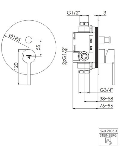 STEINBERG 260 vanová podomítková baterie, s přepínačem, chrom 260 2103 3 Technický nákres