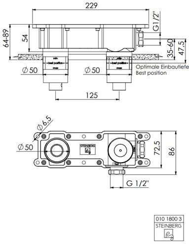 STEINBERG STEINBOX podomítkové těleso G 1/2 010 1800 3 Technický nákres