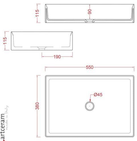 ARTCERAM SCALINO umyvadlo na desku 55 cm, bez přepadu, lesklá bílá  SCL002 01,00 Technický nákres