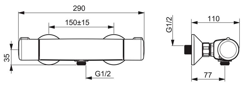 HANSA MICRA sprchová nástěnná baterie, termostatická, Thermo Cool, chrom 58150171 Technický nákres