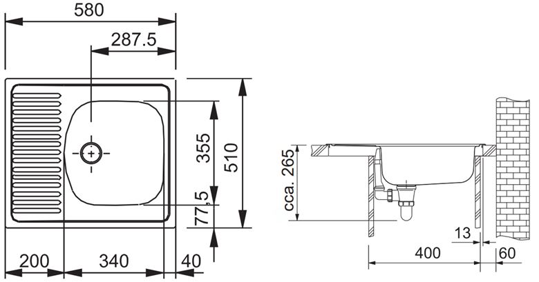 FRANKE EUROSTAR ETN 611-58 nerezový dřez 580x510 mm, otočný, odkapávač 101.0286.108 Technický nákres