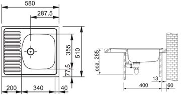 FRANKE EUROSTAR ETN 611-58 nerezový dřez 580x510 mm, otočný, odkapávač 101.0286.108 Technický nákres