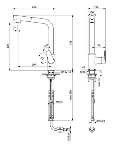 CONCEPT 200 dřezová baterie, s vytahovací koncovkou, chrom BC603AA Technický nákres