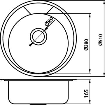 NOVASERVIS nerezový dřez pr. 510 mm, otvor pro baterii DR51 Technický nákres