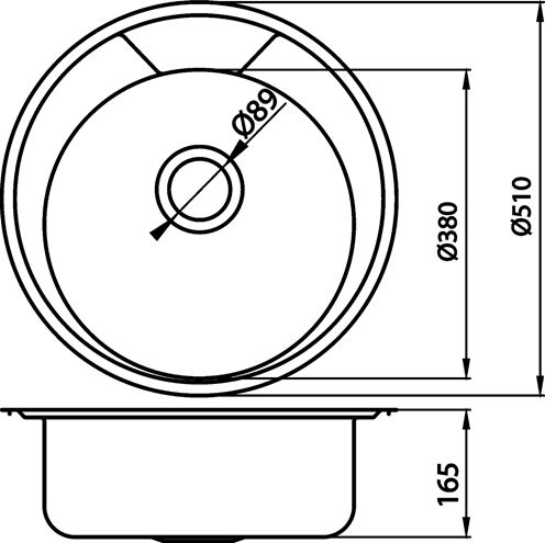 NOVASERVIS nerezový dřez pr. 510 mm, otvor pro baterii DR51 Technický nákres