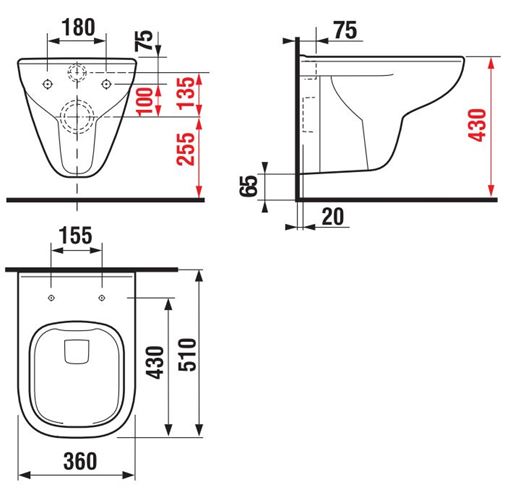 DEEP BY JIKA závěsné WC, Rimless splachování H8206140000001 Technický nákres