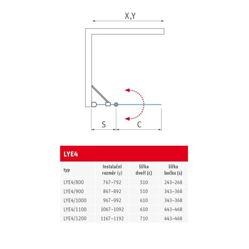ROTH LIMAYA LINE LYE4/900 sprchové dveře 90x195 cm, lítací, brillant/sklo transparent 1135008255 Technický nákres