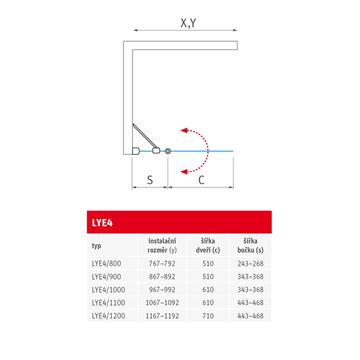 ROTH LIMAYA LINE LYE4/900 sprchové dveře 90x195 cm, lítací, brillant/sklo transparent 1135008255 Technický nákres