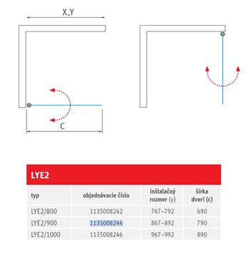 ROTH LIMAYA LINE LYE2/900 sprchové dveře 90x195 cm, lítací, brillant/sklo transparent 1135008244 Technický nákres