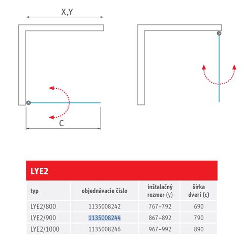 ROTH LIMAYA LINE LYE2/900 sprchové dveře 90x195 cm, lítací, brillant/sklo transparent 1135008244 Technický nákres
