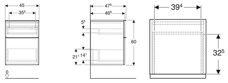 GEBERIT ICON nízká skříňka 45x47,6x60 cm, 2 zásuvky, matná bílá 502.315.01.3 Technický nákres