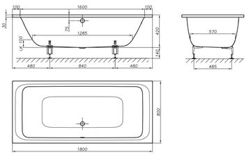CONCEPT 200 vana 180x80 cm, pro 2 osoby, bez nožiček, smaltovaná ocel 80CV Technický nákres